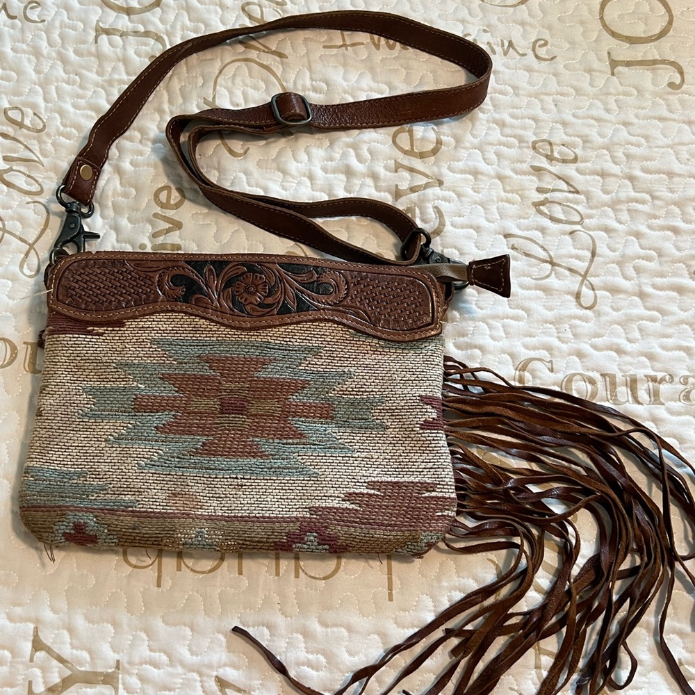 Myra Bag Brown and Turquoise Aztec Patterned Crossbody with Fringe